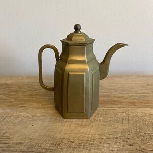Vintage Heavy Solid Brass Small Hexagonal Decor Teapot (6"‎ tall) Patina